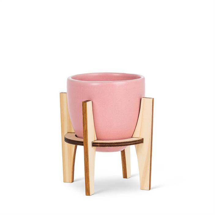 Small Pot with Wooden Stand (Pink)